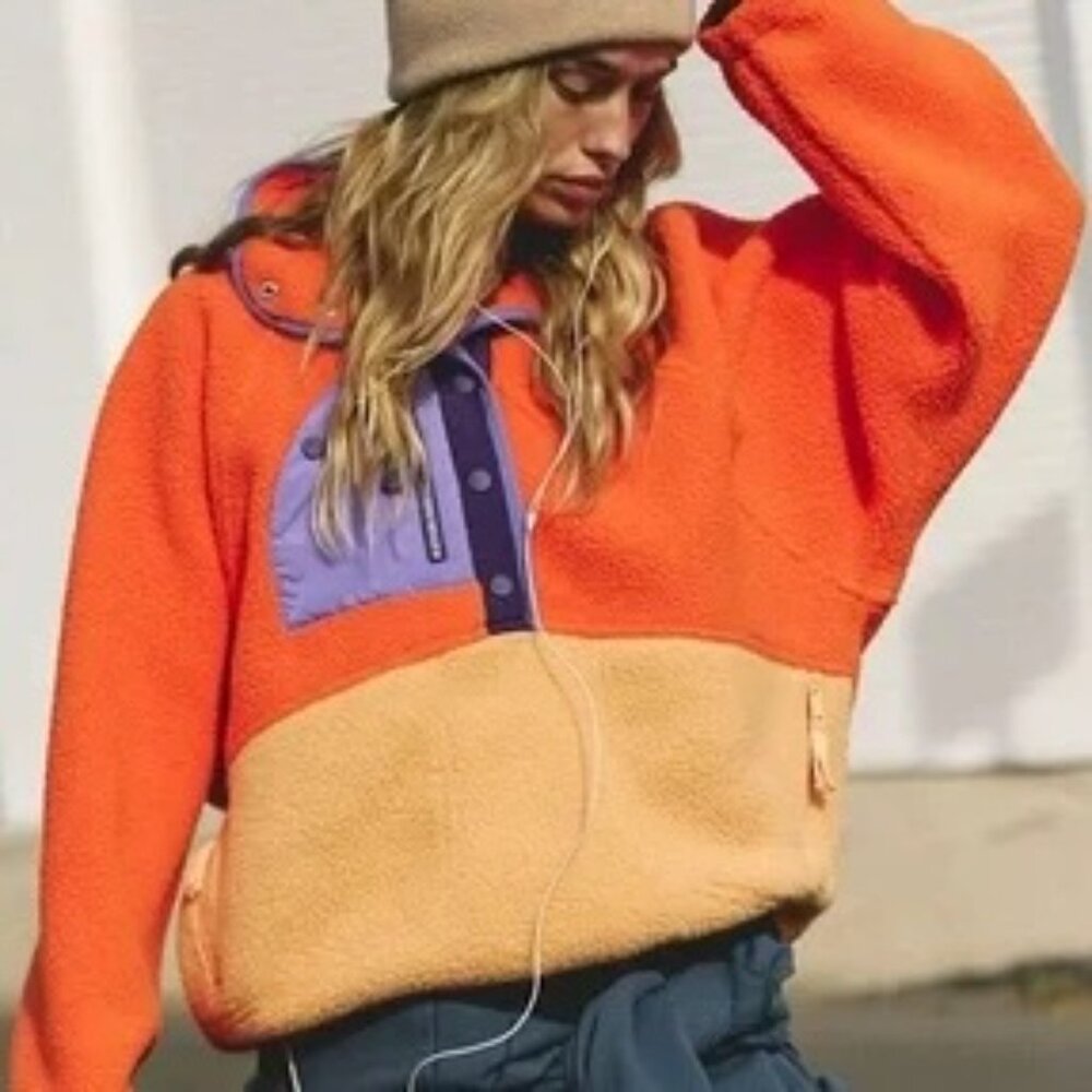 Free People Hit The Slopes Fleece Colorblock Jacket Scarlet Combo
